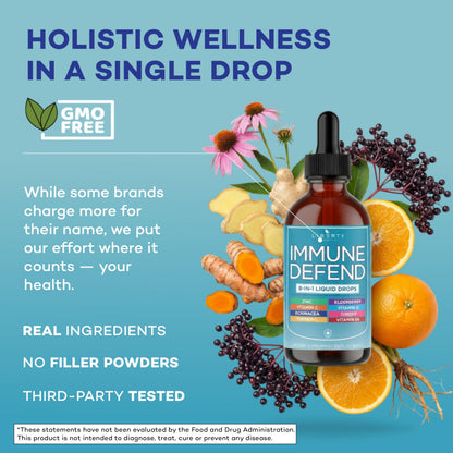 8-in-1 Immune Support Liquid Drops – Elderberry, Turmeric Curcumin, Echinacea, Ginger, Vitamins C & D3, Zinc & B6 – Fast-Absorbing Immune & Antioxidant Support – Vegan, Non-GMO – 4 oz