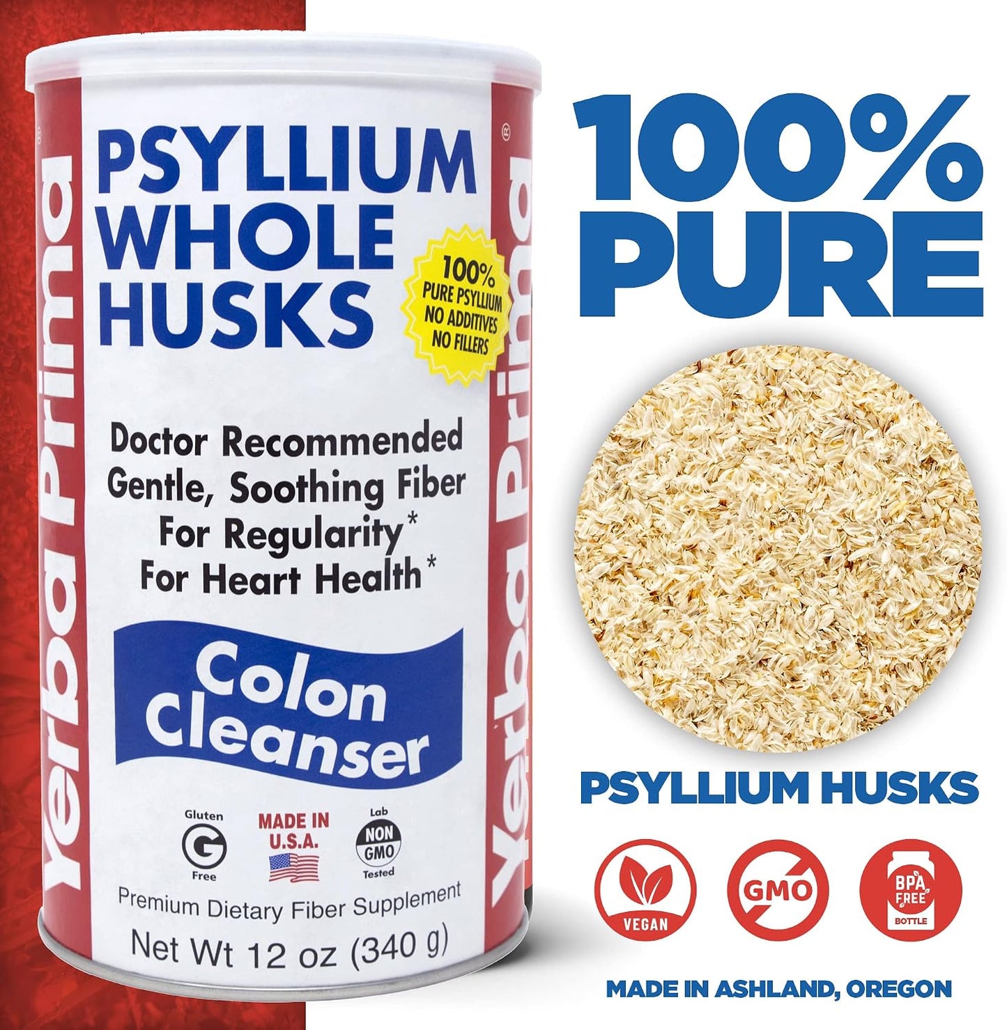 Yerba Prima Psyllium Husk, 12 Ounce - Whole Husk Fiber Supplement, Vegan, No Sugar or Artificial Sweeteners, Non GMO, Gluten Free