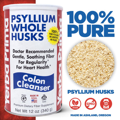 Yerba Prima Psyllium Whole Husk, 1 Bottle 12 oz - Fiber Supplement, Vegan, No Sugar or Artificial Sweeteners, Non GMO, Gluten Free
