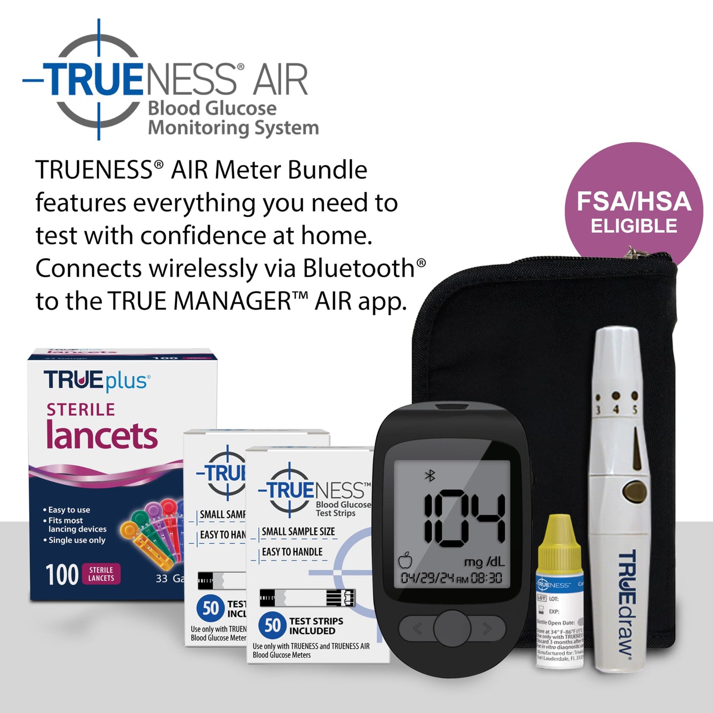 TRUENESS Blood Glucose Meter Kit with Testing Supplies | Includes Blood Glucose Monitor, Case, 100 Test Strips, 100 Lancets, Lancing Device - Fast, Easy Testing Supplies for Home Use