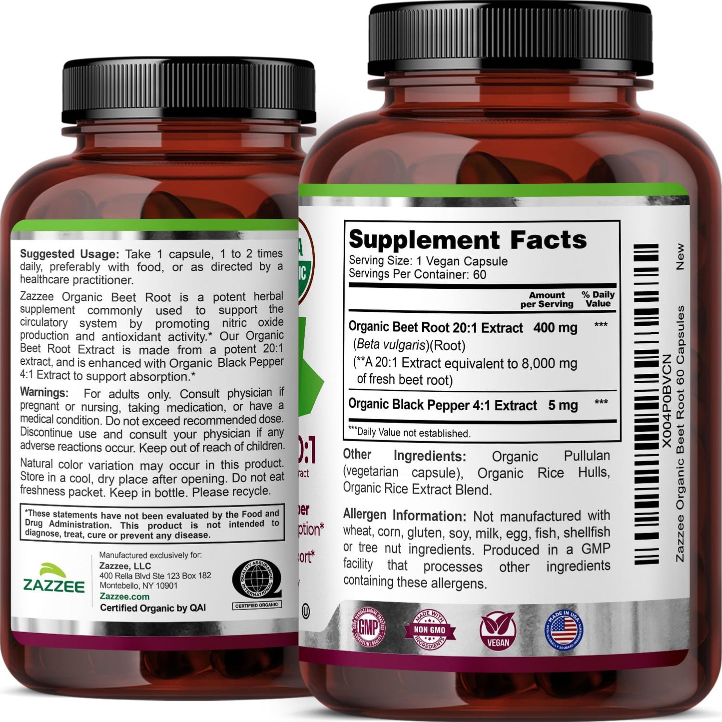 Zazzee USDA Organic Beet Root 20:1 Extract, 120 Vegan Quick Release Capsules, 4 Month Supply, Nitric Oxide Support, Black Pepper Extract for Enhanced Absorption, Certified Kosher, Non-GMO, Made in USA