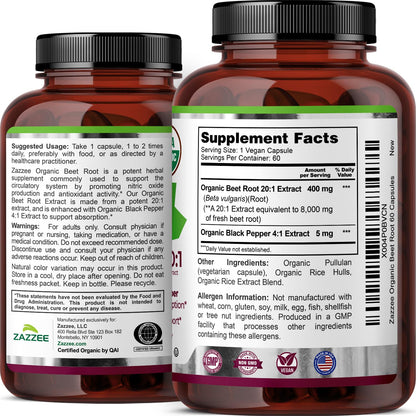Zazzee USDA Organic Beet Root 20:1 Extract, 120 Vegan Quick Release Capsules, 4 Month Supply, Nitric Oxide Support, Black Pepper Extract for Enhanced Absorption, Certified Kosher, Non-GMO, Made in USA