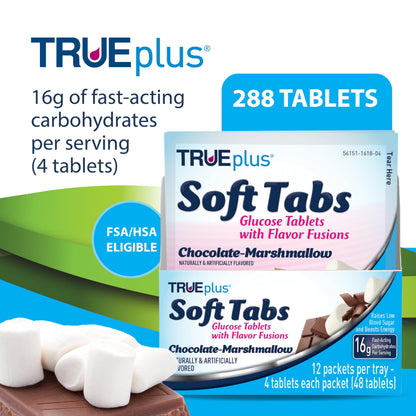 TRUEplus Soft Tabs Glucose Tablets, Cherry Pop Flavor, 4 Count, 12 Packs | Chewable Tablets, 16g Fast-Acting Carbohydrates, Fat Free, Gluten Free, Boosts Energy, Great Tasting and Easy to Use