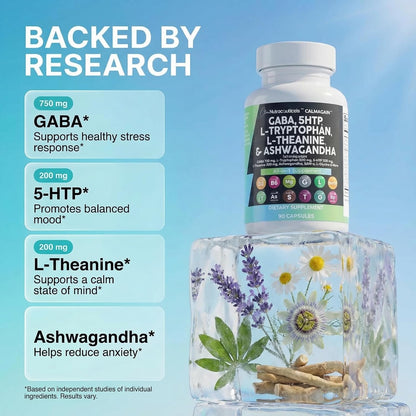 Clean Nutraceuticals GABA 750mg 5 HTP 200mg L Tryptophan 500mg L Theanine 200mg Ashwagandha SAM-e L-Glycine - Mood Support Vitamins for Women and Men with L-Tyrosine 5-HTP (5-Hydroxytryptophan)