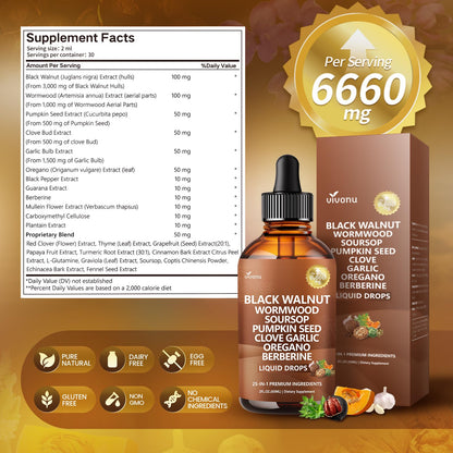 25-in-1 Black Walnut Wormwood Tincture for Liposomal, Cleanse for Humans Drops Liquid with Soursop, Garlic, Pumpkin Seed, Berberine, Oregano, Turmeric, Echinacea, Cinnamon, Fennel Seed Extract