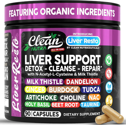 Clean Nutraceuticals Liver Cleanse Detox & Repair | Milk Thistle Supplement + NAC, TUDCA, Dandelion Root, Artichoke, Choline, Ginger, Beet Root, Burdock, Taurine, Liver Support 90 Capsules