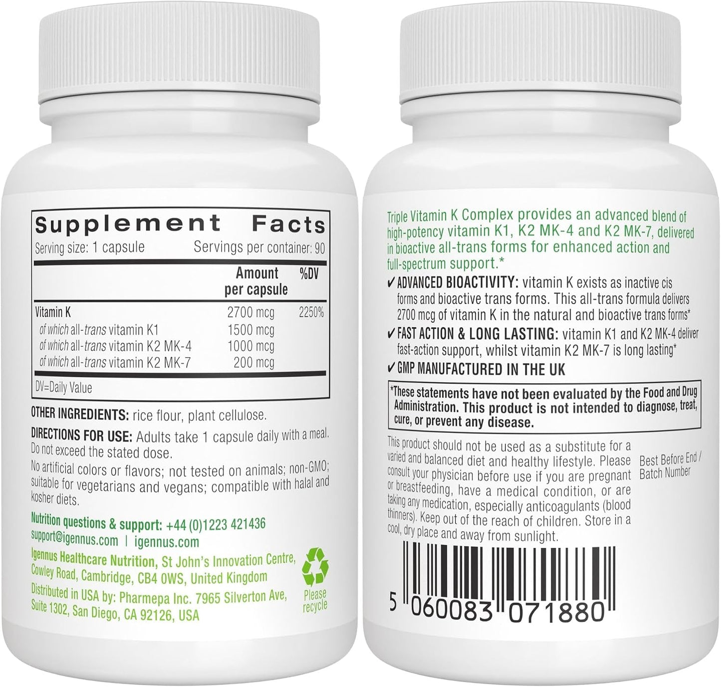 Igennus High Potency Vitamin K Complex, K1 & K2 (MK-4 & MK-7), 90 Capsules | All Trans Bioactive Form for Superior Bone & Cardiovascular Support, 1-a-Day, Clean Label, Vegan