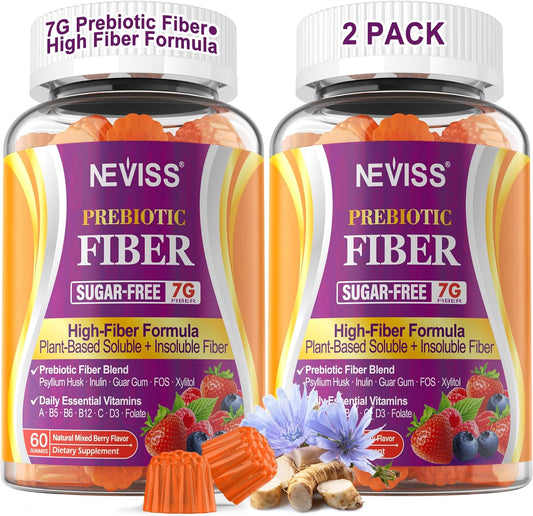 Fiber Gummies 7G for Adults with Psyllium Husk, For GLP-1 Users Daily Prebiotic Fiber - Inulin, FOS, Guar Gum, Methyl B12,Folate,B6 for Gut & Digestive Health, Regularity Support, Sugar Free,Pack of 2