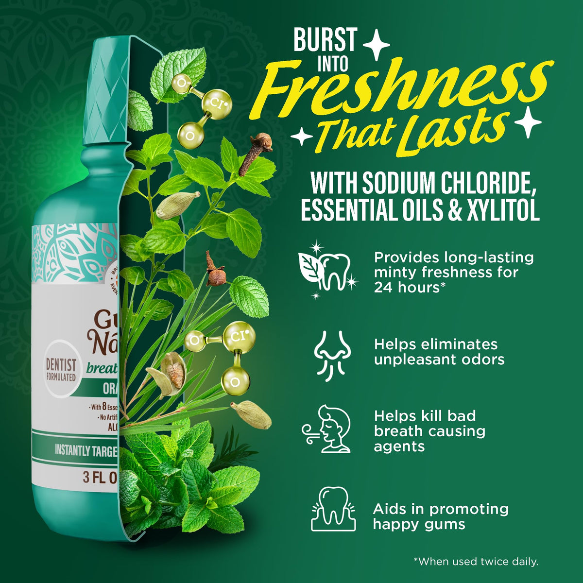 GuruNanda Fresh Breath Mouthwash – 12-Hour Fresh Breath & Helps Fight Bad Breath – ADA Accepted, Alcohol & Fluoride-Free Oral Rinse, Wild Mint - 16 oz, Pack of 2
