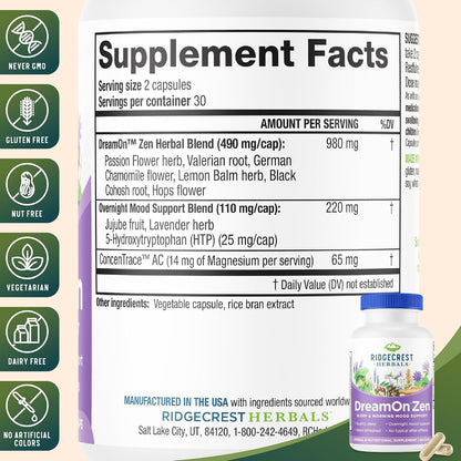 RidgeCrest Herbals DreamOn Zen Sleep Support, Melatonin Free 60 Ct | 30 Servings, Magnesium, 5-HTP, Lavender, Chamomile, Valerian, Lemon Balm, Calm and Rest Support for Ages 12 and Up