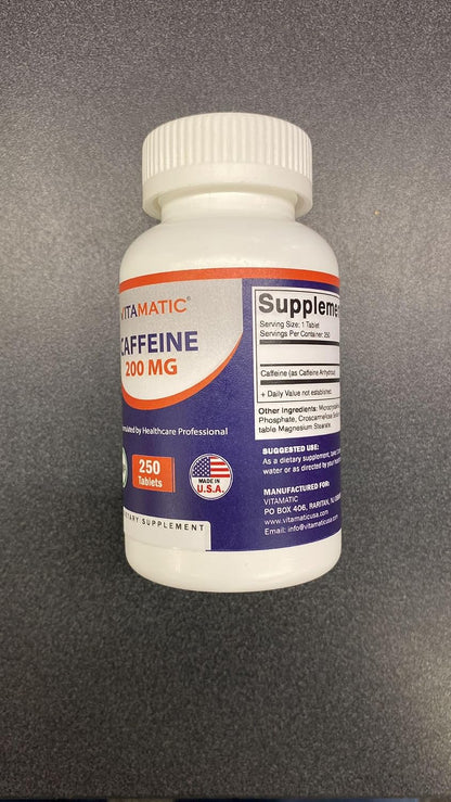 Vitamatic Caffeine Pills 200mg per Serving, 250 Vegetarian Tablets | Support Energy Support & Endurance Performance*, Non GMO, Gluten Free, Made in USA