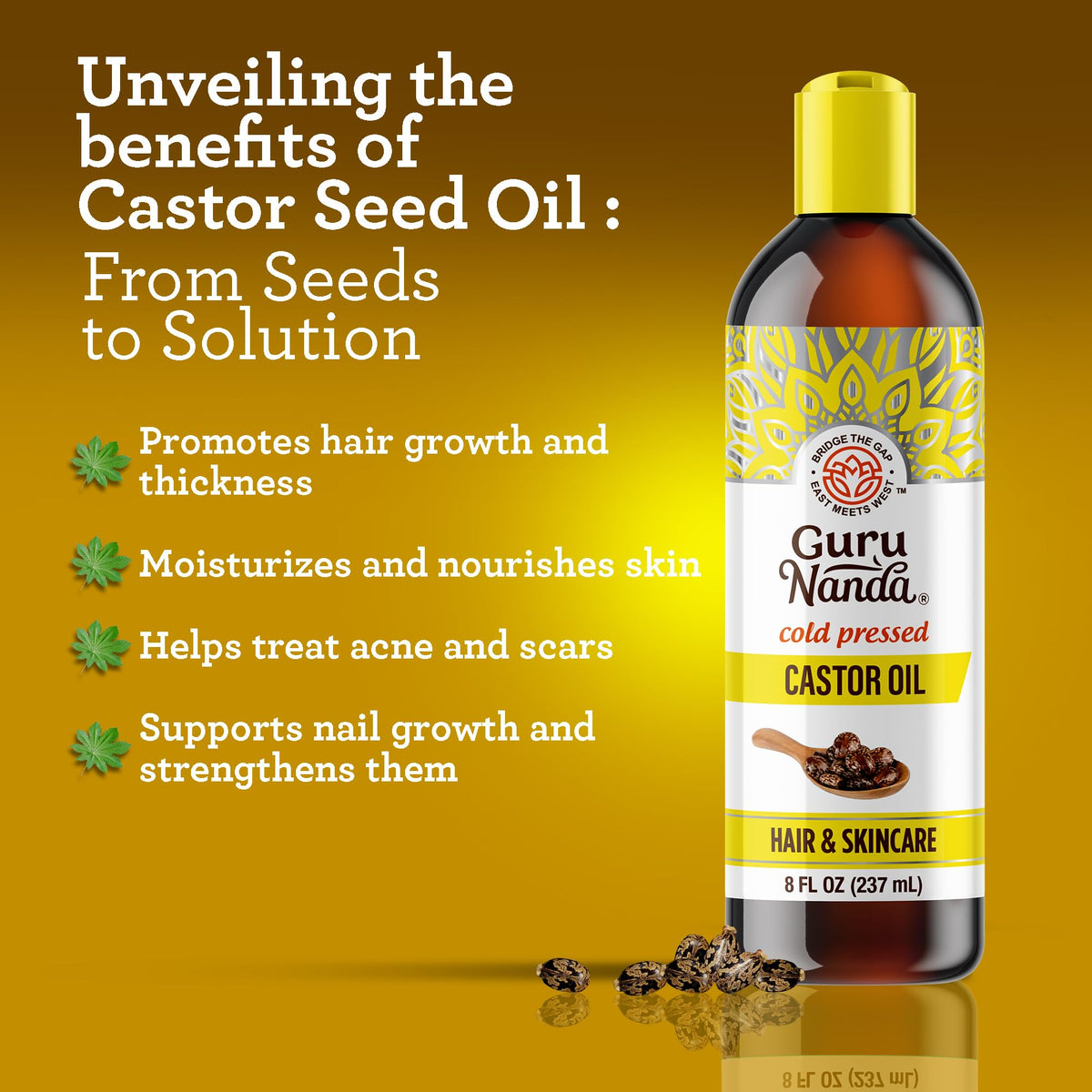 GuruNanda Castor Oil USDA Certified Organic, Pure & Natural, 8 fl oz
