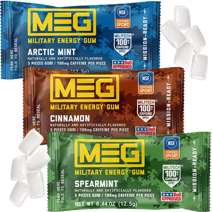 MEG Military Energy Gum, Multi Flavors | Caffeine Gum - Pack of 3, 15 Count