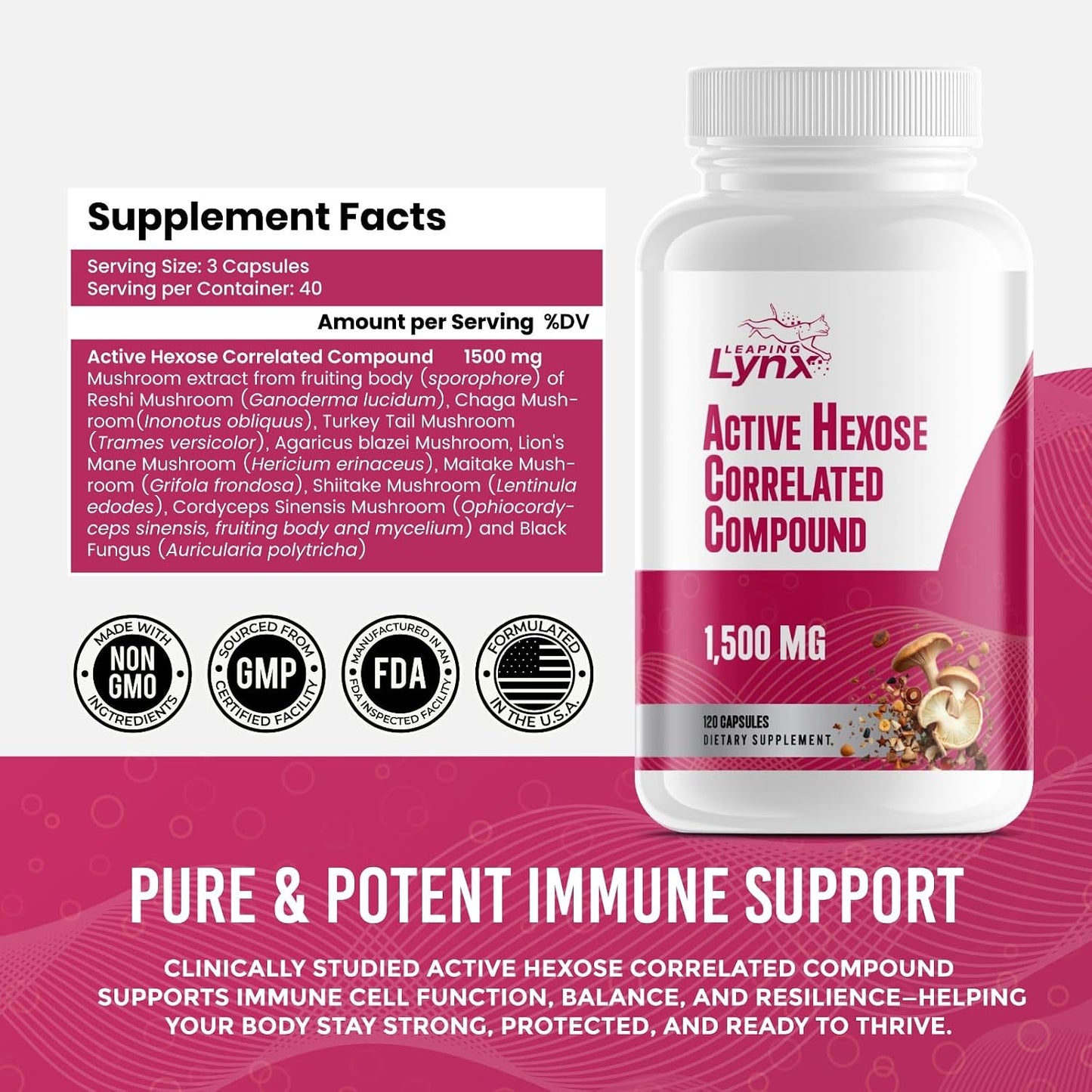 Active Hexose Correlated Compound 1500 mg, Clinically Studied Mushroom Extract for Immune System Support & Cellular Defense | 120 Capsules (40-Day Supply) | Non-GMO, Shiitake, Lion's Mane, Turkey Tail