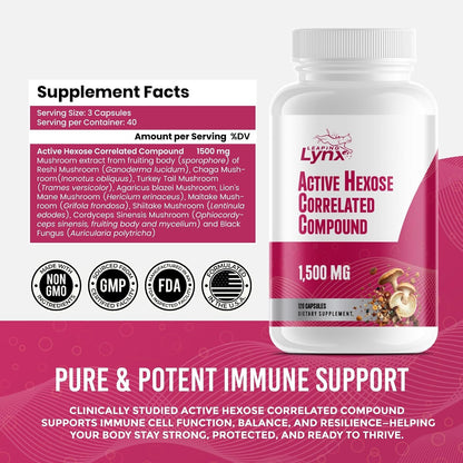Active Hexose Correlated Compound 1500 mg, Clinically Studied Mushroom Extract for Immune System Support & Cellular Defense | 120 Capsules (40-Day Supply) | Non-GMO, Shiitake, Lion's Mane, Turkey Tail