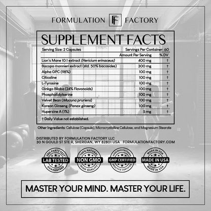 Formulation Factory BOSS Mode 10-in-1 Nootropic Complex with Lion's Mane, Alpha-GPC, Bacopa Monnieri, Ginkgo Biloba, Rhodiola & L-Tyrosine - 120 Capsules