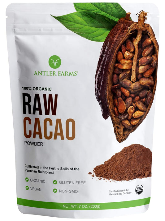 Antler Farms - 100% Pure Organic Raw Cacao Powder, 40 servings, 200g - Vegan, Gluten Free, Cultivated Naturally in Amazon Rainforest, Certified USDA Organic | 100% Pure, Vegan, Gluten Free, Cultivated Naturally in Amazon Rainforest, Certified USDA Organic