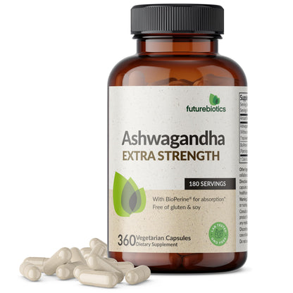 Futurebiotics Ashwagandha Extra Strength Stress & Mood Support 100 Capsules | Vegetarian, Non-GMO, Gluten-FREE, Soy-FREE, BioPerine for High Absorption