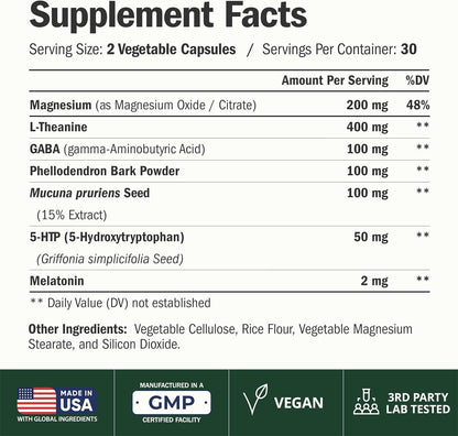 Sleep Supplement with 400mg L-Theanine, Magnesium, GABA & 2mg Melatonin – Supports Restful Sleep & Relaxation, Helps Restore Natural Sleep Cycle – Balanced Formula, Non-Habit Forming – 60 Capsules