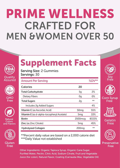 Lunakai USA Made Collagen Gummies for Women & Men Over 50, Biotin & Vitamin C, Supports Skin Elasticity, Hair & Nail Strength, Joint Support, 60ct