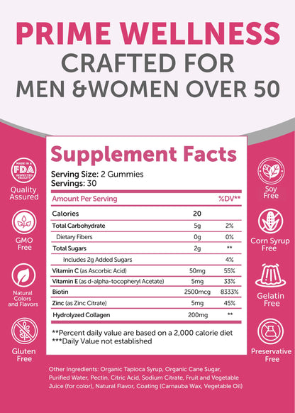 Lunakai USA Made Collagen Gummies for Women & Men Over 50, Biotin & Vitamin C, Supports Skin Elasticity, Hair & Nail Strength, Joint Support, 60ct