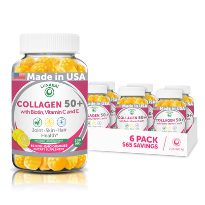 Lunakai USA Made Collagen Gummies for Women & Men Over 50, Biotin & Vitamin C, Supports Skin Elasticity, Hair & Nail Strength, Joint Support, 60ct