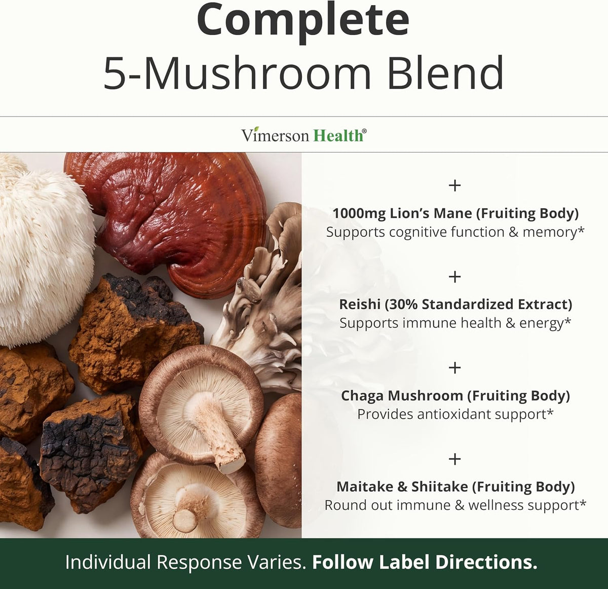 Lions Mane Supplement Capsules with Chaga, Reishi, Shiitake for Focus 60ct