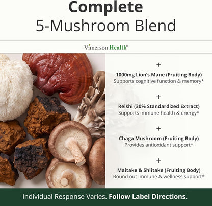Lions Mane Supplement Capsules with Chaga, Reishi, Shiitake for Focus 60ct