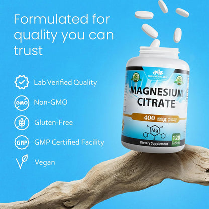NaturaLife Labs Magnesium Citrate 400 mg per Serving – 120 Tablets, Vegan, Non-GMO