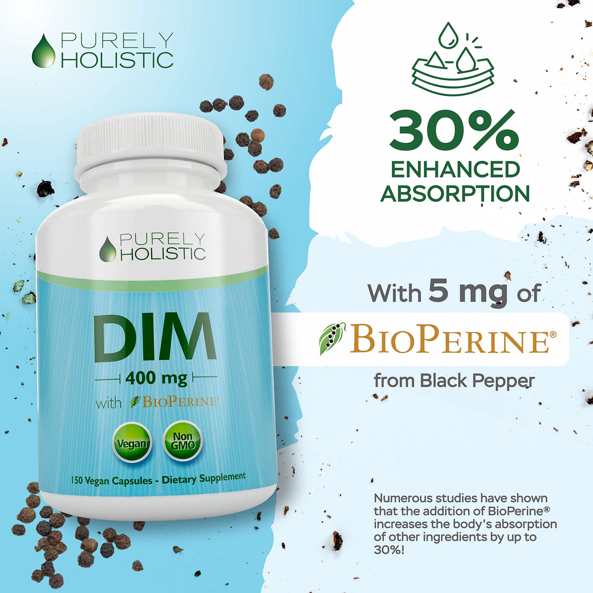 DIM Supplement 400mg Plus Bioperine - 150 Vegan Capsules - 5 Month Supply - Hormone Balance