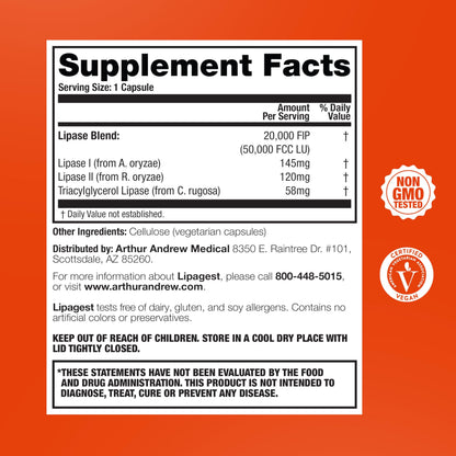 Arthur Andrew Medical, Lipagest, Lipase Enzyme, 20,000 FIP | Highly Potent Lipase Enzyme 20,000 FIP. Optimal Digestion of Fats - No Gallblader & Keto Support