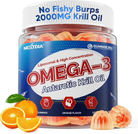 Liposomal Antarctic Krill Oil Omega 3 Gummies 2000mg - Cellular Level Absorption Omega-3 with EPA, DHA & Astaxanthin - Antioxidant & Brain Support - Fish Oil Supplements Alternative - 60 Count