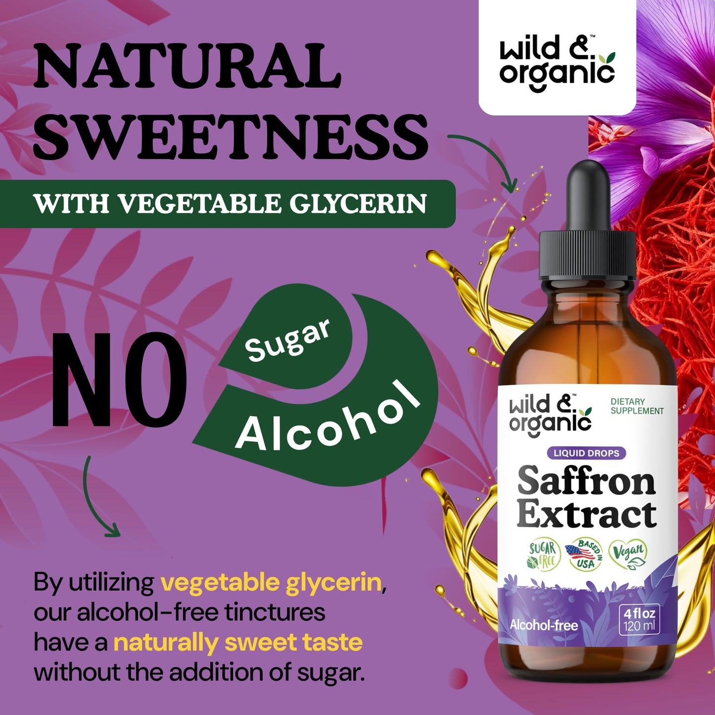 Wild & Organic Saffron Supplements 88.5 mg - Mood, Focus & Eye Support - Saffron Extract Liquid Drops - Add to Tea - 5-Month Supply - Crocus Sativus Herb - Vegan, Sugar & Alcohol-Free Tincture - 4 oz