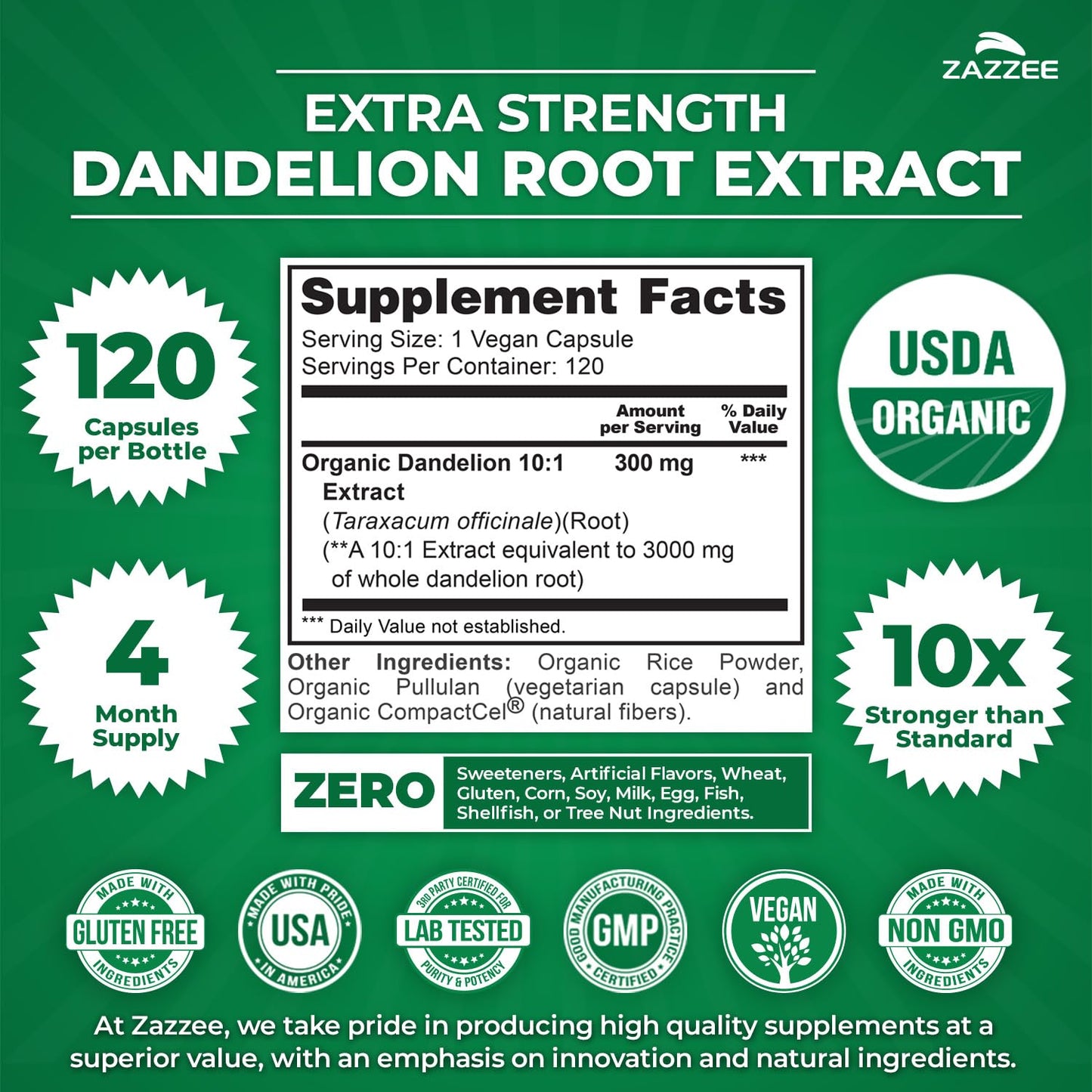 Zazzee USDA Organic Dandelion Root 10:1 Extract, 120 Capsules, 4 Month Supply, Liver & Detox Support, Taraxacum Officinale, Organic Herbal Supplement, All-Natural, Non-GMO, Made in the USA