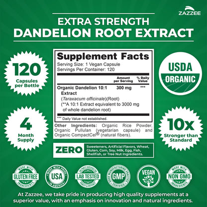 Zazzee USDA Organic Dandelion Root 10:1 Extract, 120 Capsules, 4 Month Supply, Liver & Detox Support, Taraxacum Officinale, Organic Herbal Supplement, All-Natural, Non-GMO, Made in the USA