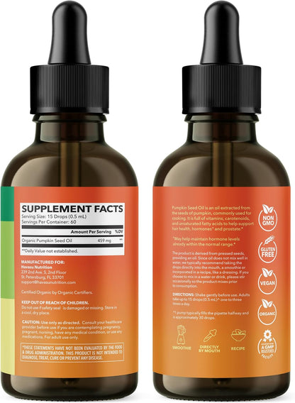 Organic Pumpkin Seed Oil Cold-Pressed, USDA Certified, Unflavored, 1 Fl Oz | Vegan, Non-GMO Pumpkin Seed Liquid Drops for Men and Women, Hair Health, Hormone Balance, and Prostate Health, 2-Month Supply