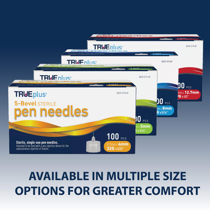 TRUEplus 5-Bevel Sterile Pen Needles, 32G x 4mm (5/32 Inch), 50 Count | For Use with Pen Injection Device, Single-Use Needles, Compatible Thread with Major Pen Devices, Silicone Coated