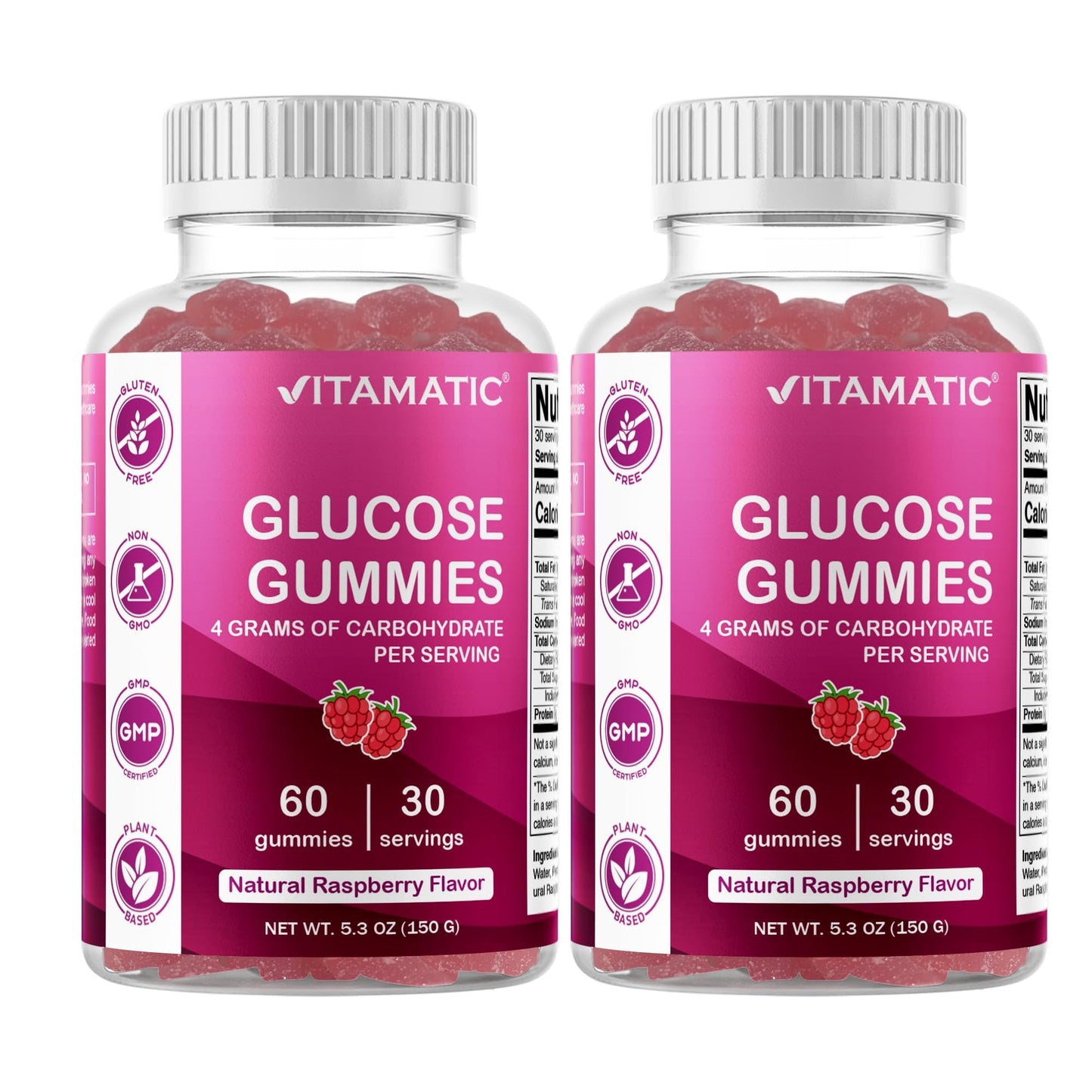 Vitamatic Glucose chewable Gummies - 60 Count - Natural Raspberry Flavor - 4G of Carbohydrate per Serving (1 Bottle) | 4 g Carbohydrates per Serving, Pectin-Based, Gluten Free, Non GMO