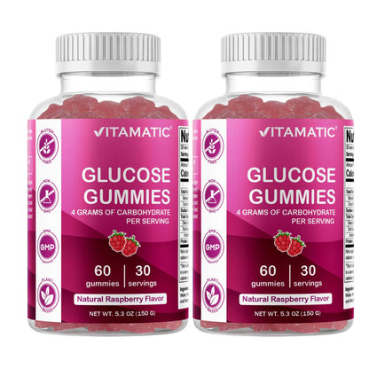 Vitamatic Glucose chewable Gummies - 60 Count - Natural Raspberry Flavor - 4G of Carbohydrate per Serving (1 Bottle) | 4 g Carbohydrates per Serving, Pectin-Based, Gluten Free, Non GMO