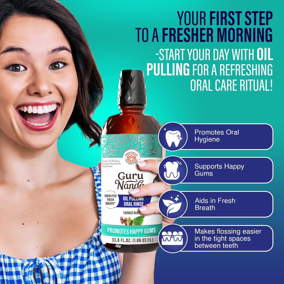 GuruNanda Coconut Oil Pulling Mouthwash with Vitamins, Farmed Mint, 16 oz