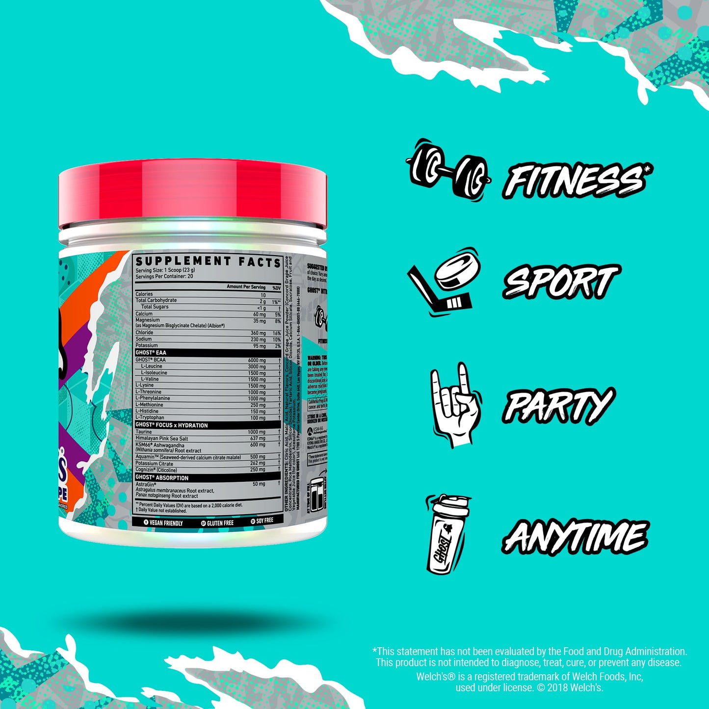 GHOST Intra Workout Powder, Welch's Grape - BCAAs &, EAAs, Nootropics & Hydration - Essential & Branch Chain Amino Acids Supports Muscle Recovery & Focus - Pre, Intra & Post Workout Powders