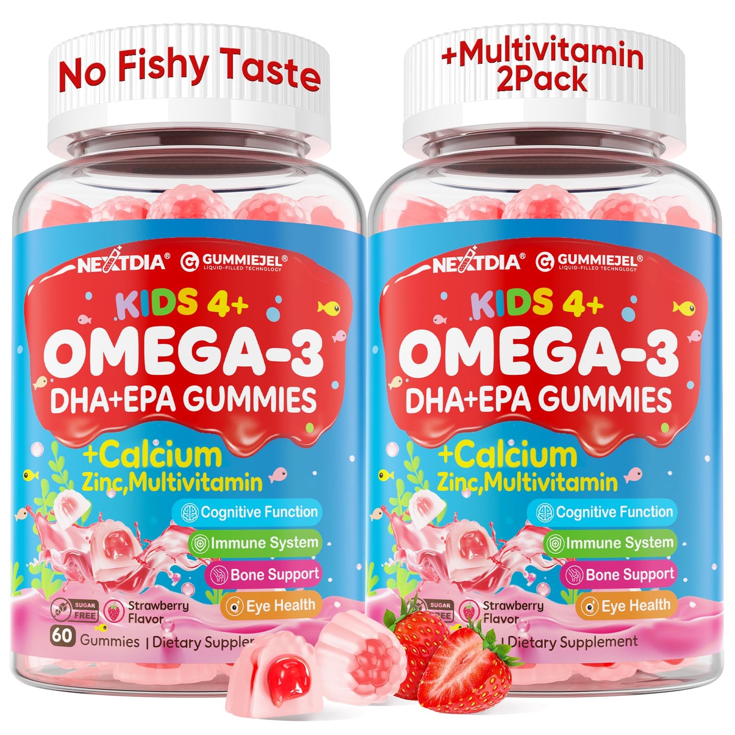 Nextdia Omega 3 (EPA/DHA) Filled Gummies for Kids Teen with Multivitamin, Calcium + D3 + K2 + Zinc, Plus Vitamin A B1 B2 B12 C, Selenium, Iodine for Brain, Eye, Bone, Energy, No Fish Taste, Sugar Free