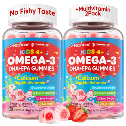 Nextdia Omega 3 (EPA/DHA) Filled Gummies for Kids Teen with Multivitamin, Calcium + D3 + K2 + Zinc, Plus Vitamin A B1 B2 B12 C, Selenium, Iodine for Brain, Eye, Bone, Energy, No Fish Taste, Sugar Free