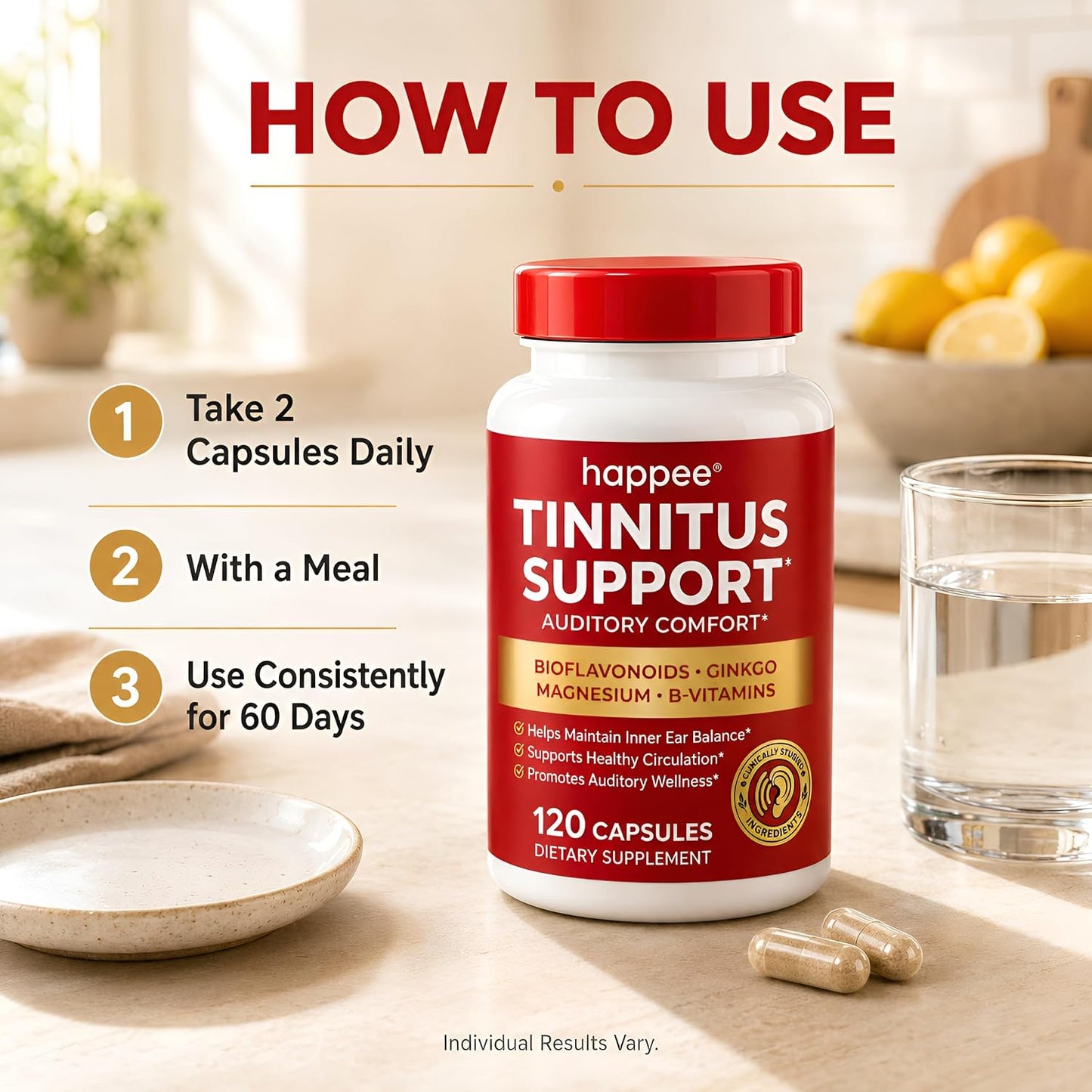 Happee Tinnitus Supplement for Ringing Ears, Bioflavonoids & Ginkgo, 120ct | Flavonoids Plus Essential Nutrient, Daily Support for Inner Ear Health & Microcirculation, NO Dyes, Clean Label