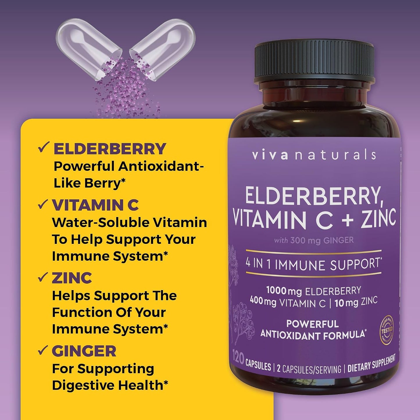 Viva Naturals Elderberry with Vitamin C and Zinc, 120 Capsules - 1000mg Sambucus Elderberry per Serving Immune Support Supplement, Black Elderberry Capsules for Adults, Elderberry Vitamins