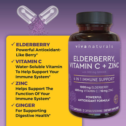 Viva Naturals Elderberry with Vitamin C and Zinc, 120 Capsules - 1000mg Sambucus Elderberry per Serving Immune Support Supplement, Black Elderberry Capsules for Adults, Elderberry Vitamins