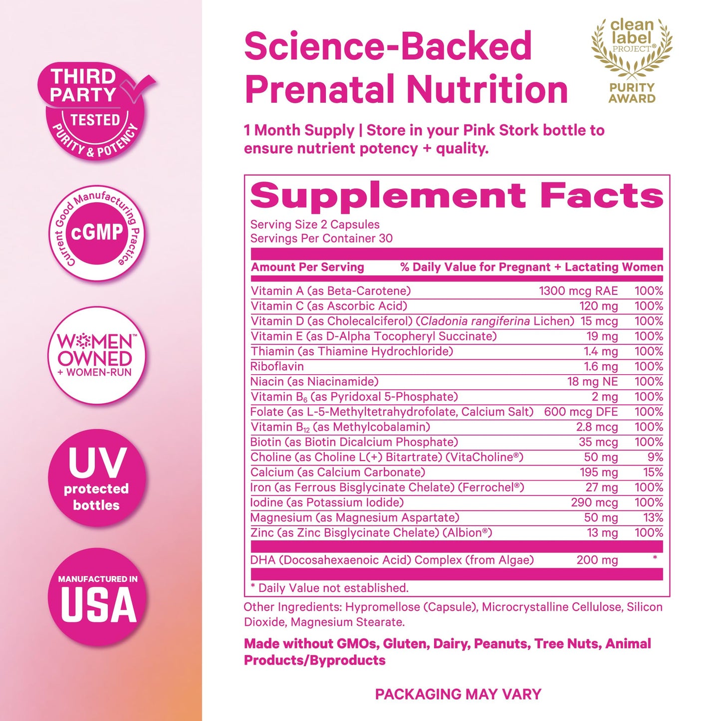 Pink Stork Total Prenatal Vitamins for Women, Clean Label, 60 Count, Mint | Vegan DHA, Methylfolate, Iron, Choline, Vitamin B12 - Preconception Nutrition - No Fishy Burps - Pregnancy Essentials