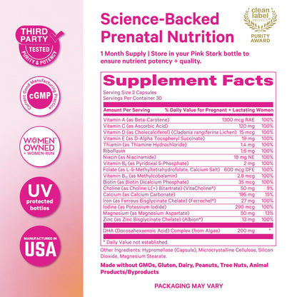 Pink Stork Total Prenatal Vitamins for Women, Clean Label, 60 Count, Mint | Vegan DHA, Methylfolate, Iron, Choline, Vitamin B12 - Preconception Nutrition - No Fishy Burps - Pregnancy Essentials