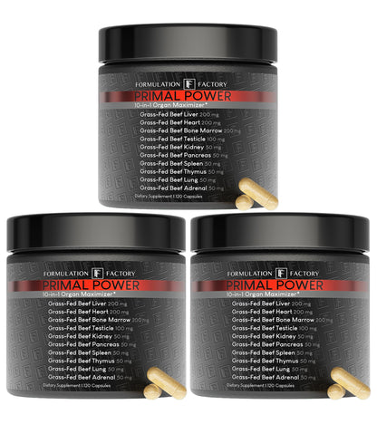 Formulation Factory Primal Power 10-in-1 Grass-Fed Beef Organ Complex with Liver, Heart, Bone Marrow, Orchic, Kidney, Spleen, Pancreas, Adrenals, Thymus & Brain - 120 Capsules