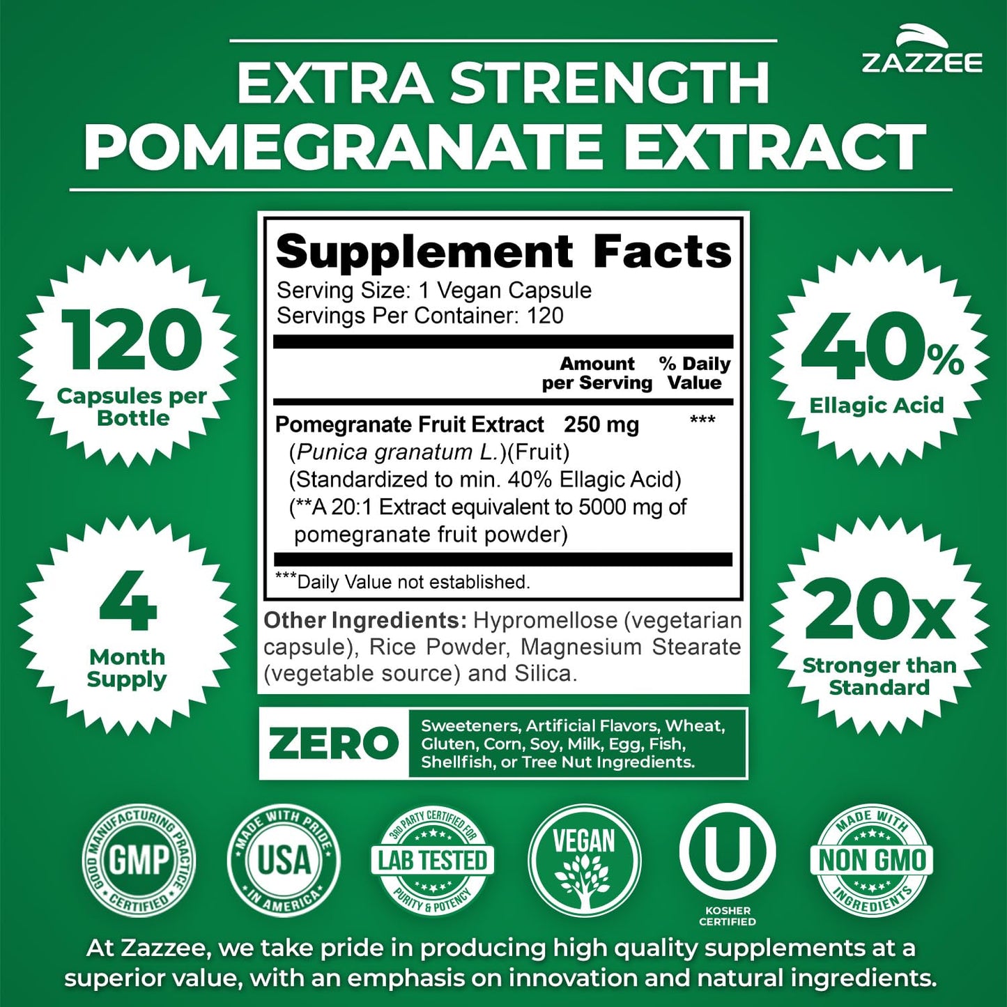 Zazzee Extra Strength Pomegranate 20:1 Extract, 40% Ellagic Acid, 120 Vegan Capsules, 4 Month Supply, Punica Granatum, Antioxidant & Cellular Health Support, Non-GMO, Made in the USA